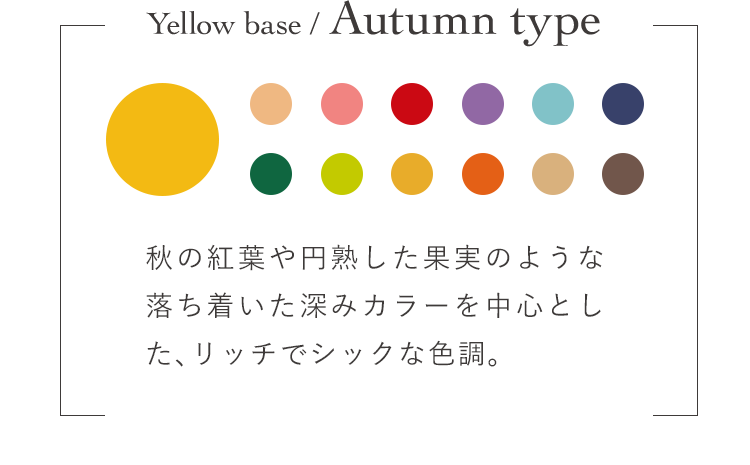 Yellow base / Autumn type 秋の紅葉や円熟した果実のような落ち着いた深みカラーを中心とした、リッチでシックな色調。